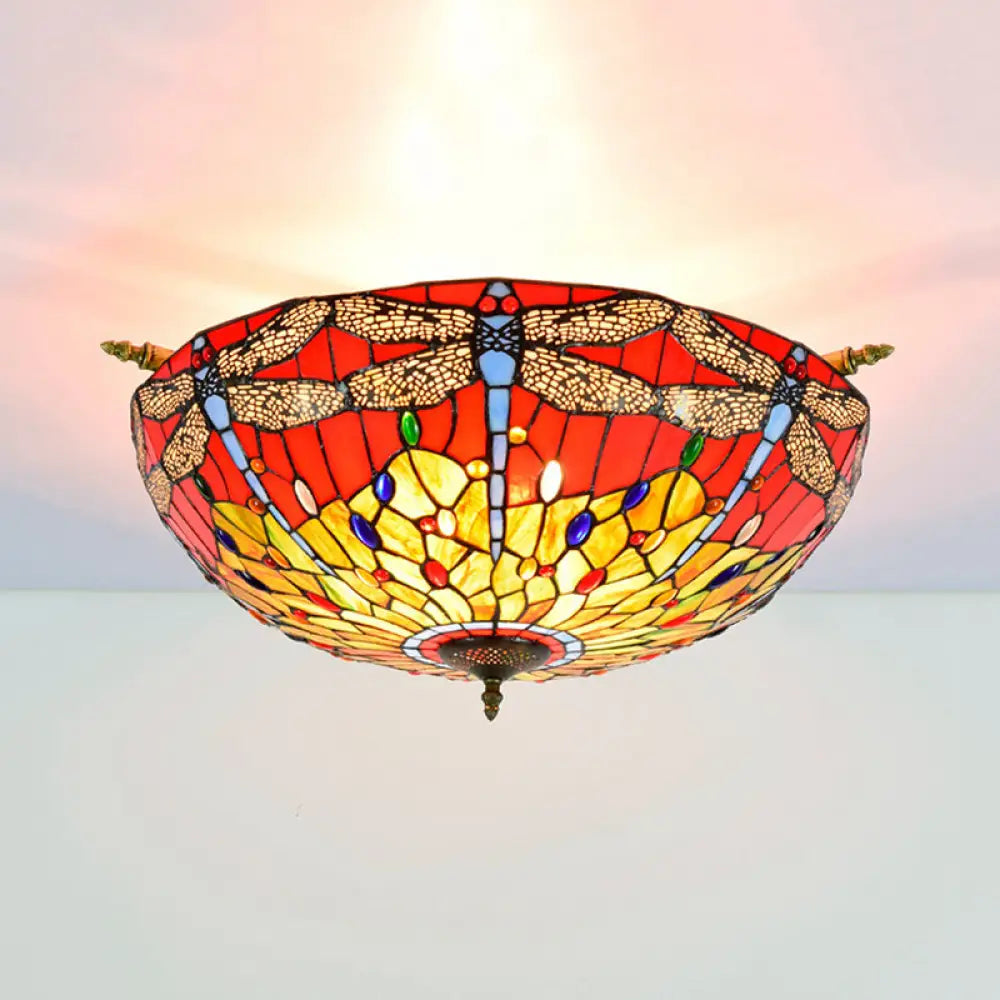 Dragonfly Ceiling Tiffany Brass Stained Glass Flush Mount Light - 5 Lights, 21.5"/25.5" Width