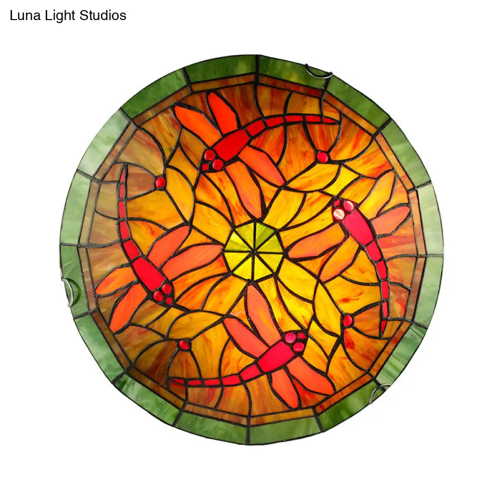 Dragonfly & Floral Stained Glass Lighting Fixture with 3 Bulbs for Living Room Ceiling in Yellow