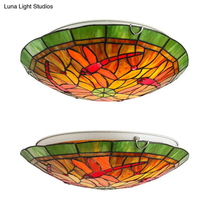 Dragonfly & Floral Stained Glass Lighting Fixture with 3 Bulbs for Living Room Ceiling in Yellow