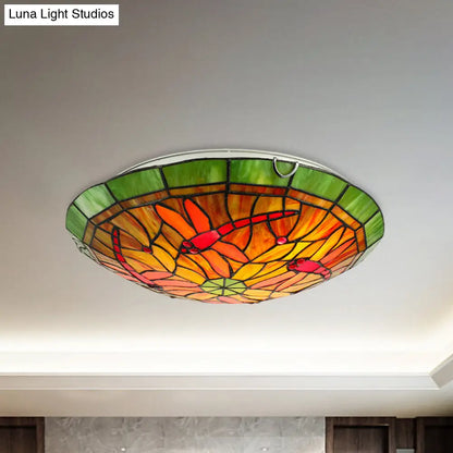 Dragonfly & Floral Stained Glass Lighting Fixture with 3 Bulbs for Living Room Ceiling in Yellow