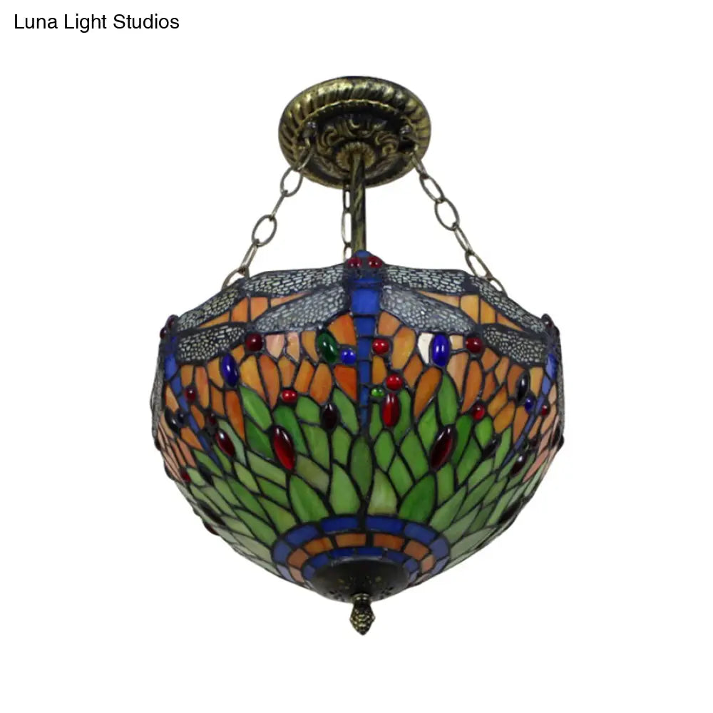 DecorBites™ DecorBites™ Dragonfly LED Baroque Ceiling Lighting in Aged Brass - Stained Glass Shade for Bedroom