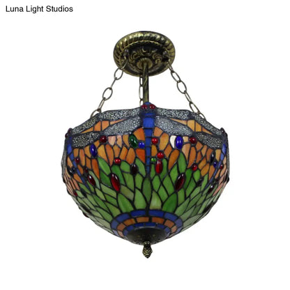 DecorBites™ DecorBites™ Dragonfly LED Baroque Ceiling Lighting in Aged Brass - Stained Glass Shade for Bedroom