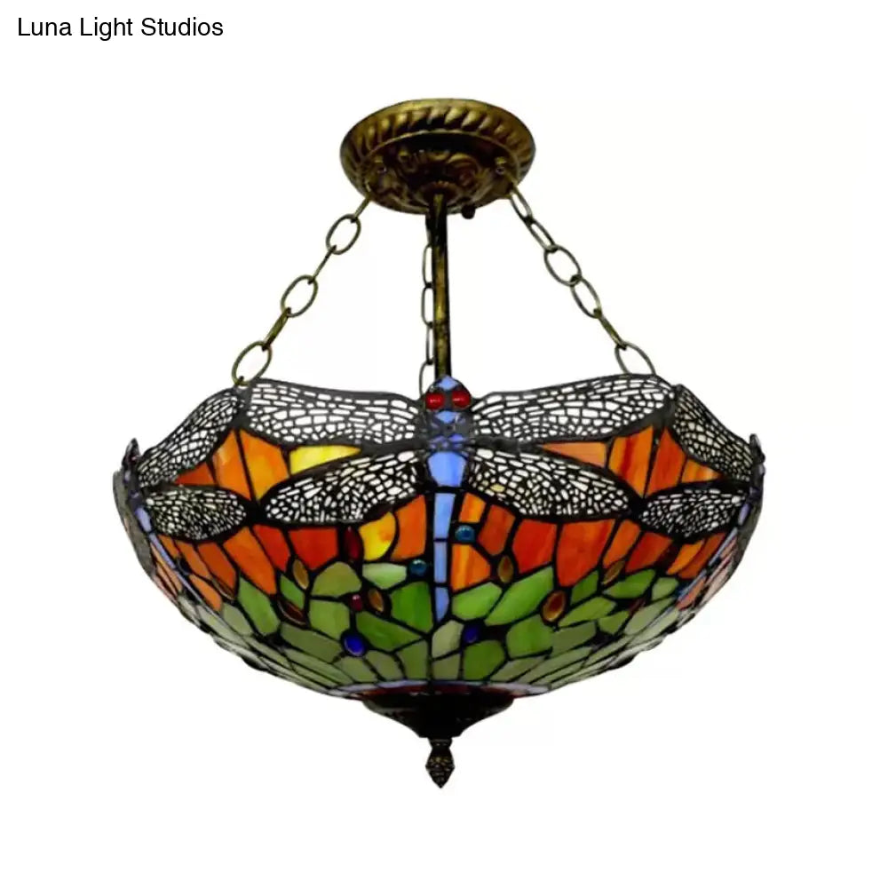 DecorBites™ DecorBites™ Dragonfly LED Baroque Ceiling Lighting in Aged Brass - Stained Glass Shade for Bedroom