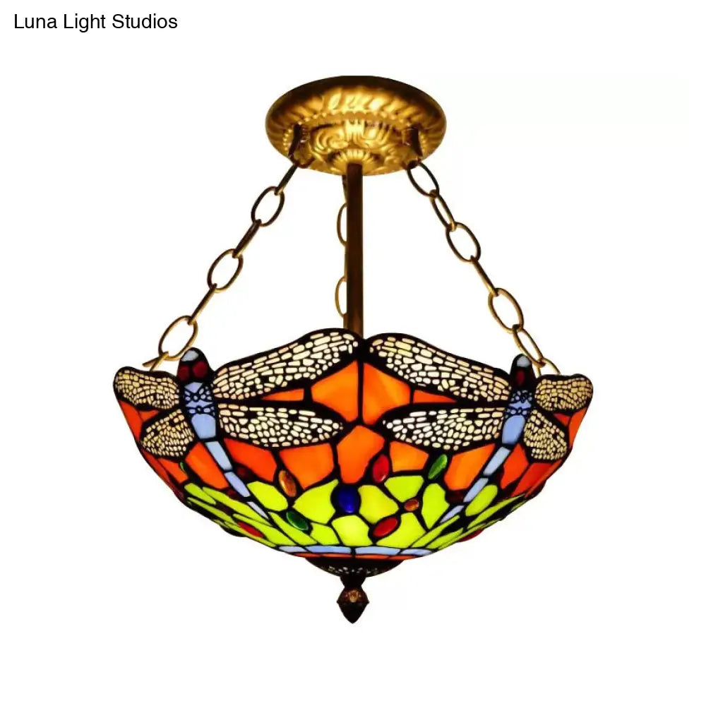 DecorBites™ DecorBites™ Dragonfly LED Baroque Ceiling Lighting in Aged Brass - Stained Glass Shade for Bedroom