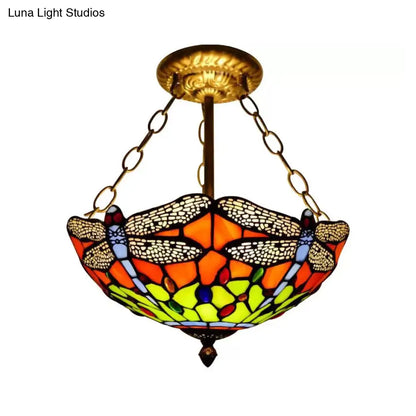 DecorBites™ DecorBites™ Dragonfly LED Baroque Ceiling Lighting in Aged Brass - Stained Glass Shade for Bedroom