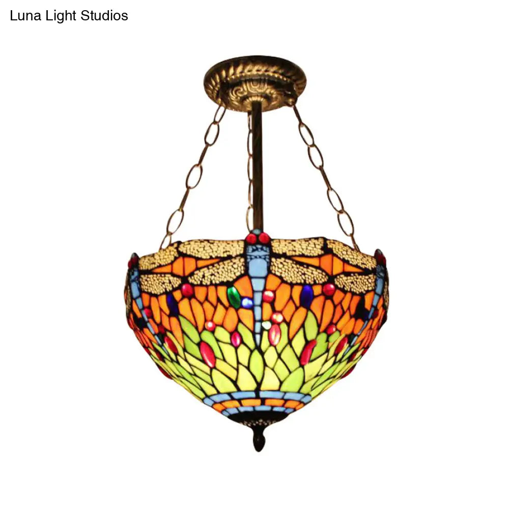 DecorBites™ DecorBites™ Dragonfly LED Baroque Ceiling Lighting in Aged Brass - Stained Glass Shade for Bedroom