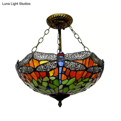 DecorBites™ DecorBites™ Dragonfly LED Baroque Ceiling Lighting in Aged Brass - Stained Glass Shade for Bedroom