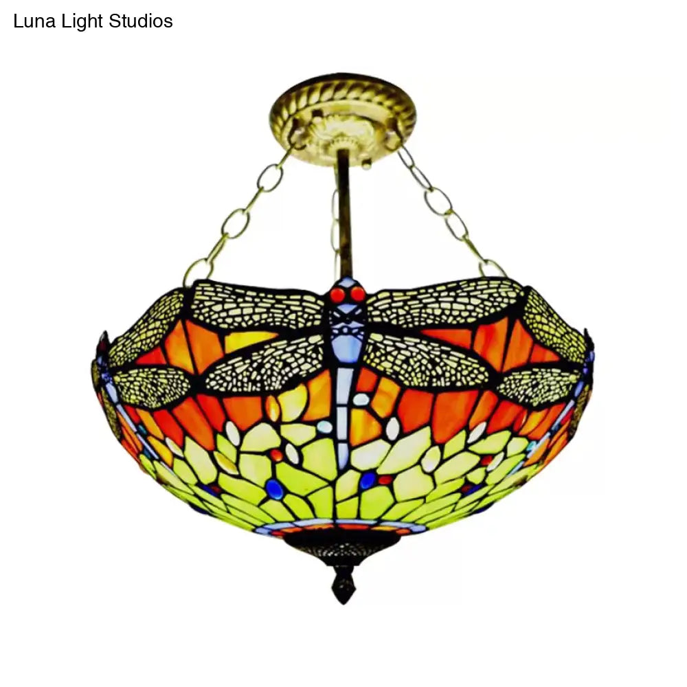 DecorBites™ DecorBites™ Dragonfly LED Baroque Ceiling Lighting in Aged Brass - Stained Glass Shade for Bedroom