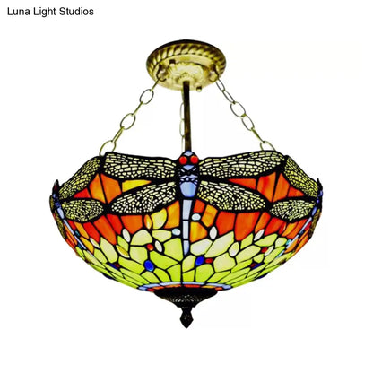 DecorBites™ DecorBites™ Dragonfly LED Baroque Ceiling Lighting in Aged Brass - Stained Glass Shade for Bedroom