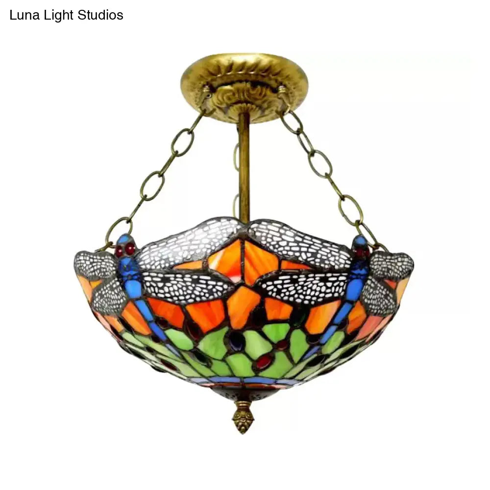 DecorBites™ DecorBites™ Dragonfly LED Baroque Ceiling Lighting in Aged Brass - Stained Glass Shade for Bedroom