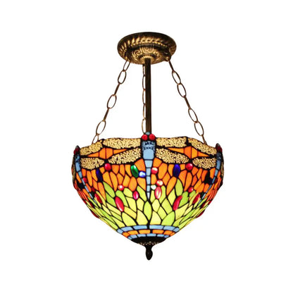 DecorBites™ DecorBites™ Dragonfly LED Baroque Ceiling Lighting in Aged Brass - Stained Glass Shade for Bedroom