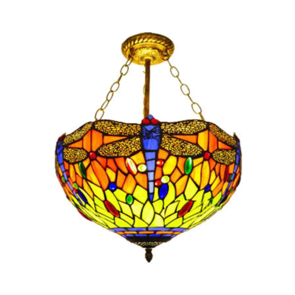 DecorBites™ DecorBites™ Dragonfly LED Baroque Ceiling Lighting in Aged Brass - Stained Glass Shade for Bedroom