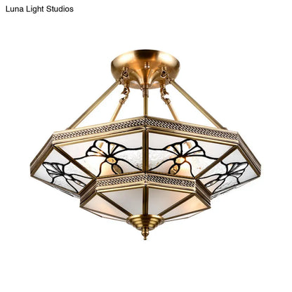 DecorBites™ DecorBites™ Dragonfly Pattern 4-Light Brass Semi Flush Mount Lamp with Countryside Cream Glass – Tapered Drawing Room Design