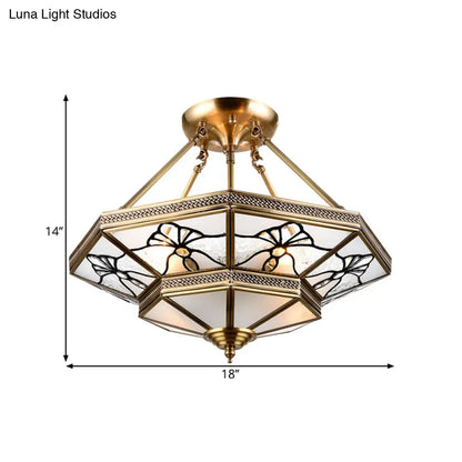 DecorBites™ DecorBites™ Dragonfly Pattern 4-Light Brass Semi Flush Mount Lamp with Countryside Cream Glass – Tapered Drawing Room Design