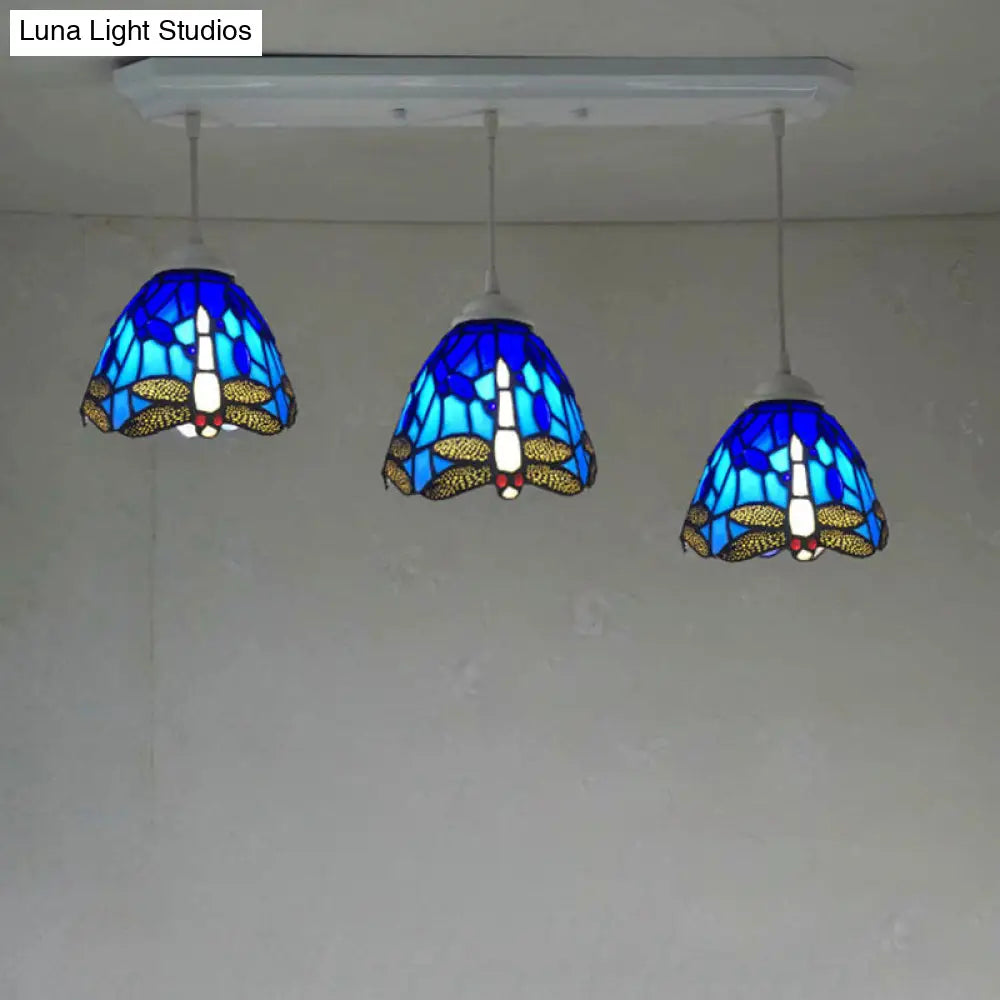 Dragonfly Pattern Cut Glass Pendant Lamp with 3 Bulbs - Mediterranean Style