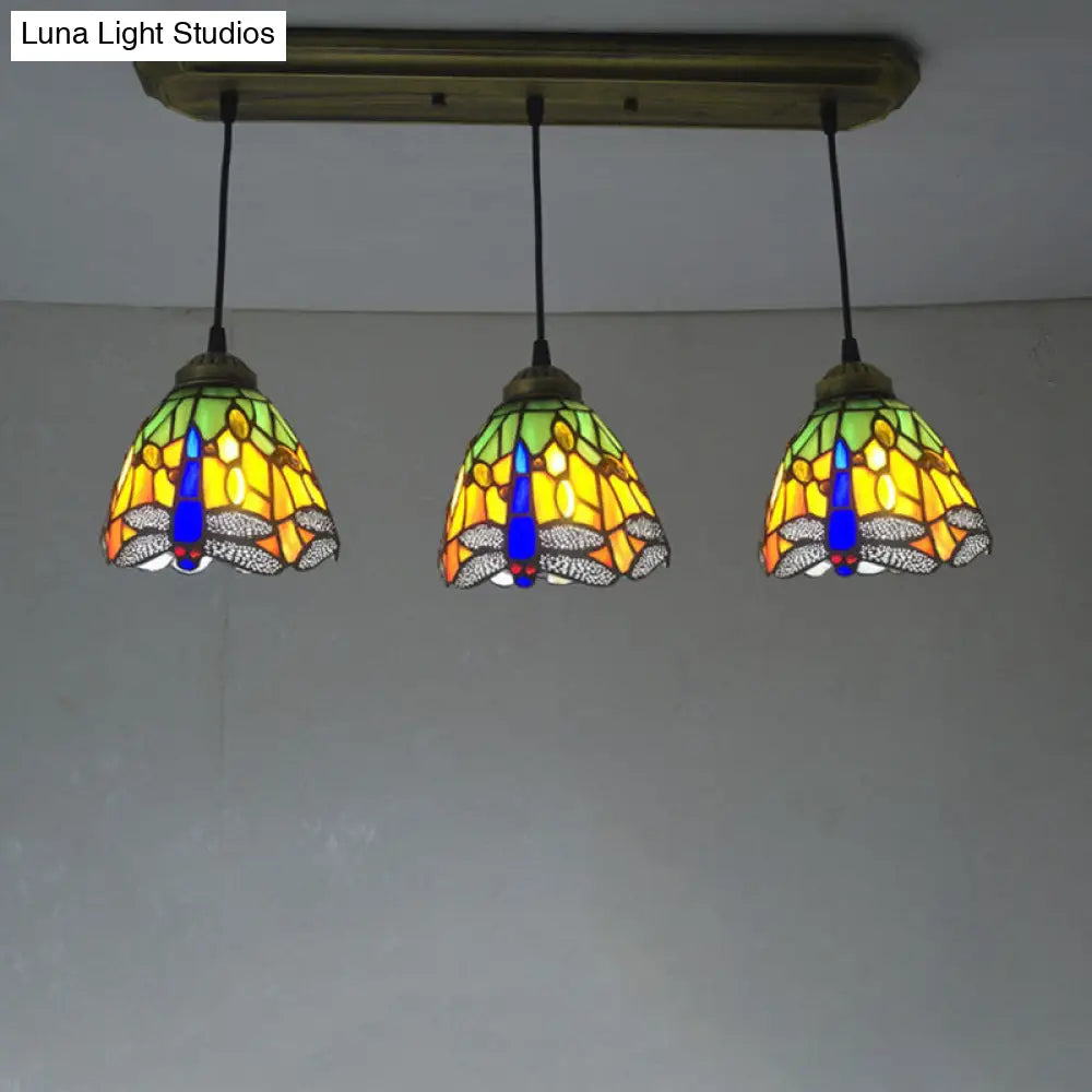 Dragonfly Pattern Cut Glass Pendant Lamp with 3 Bulbs - Mediterranean Style