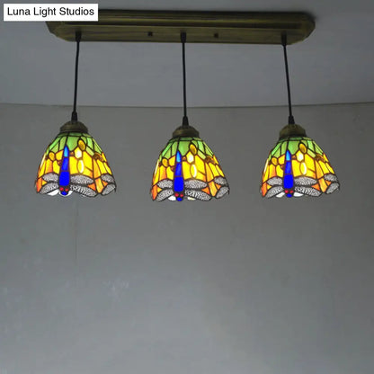 Dragonfly Pattern Cut Glass Pendant Lamp with 3 Bulbs - Mediterranean Style