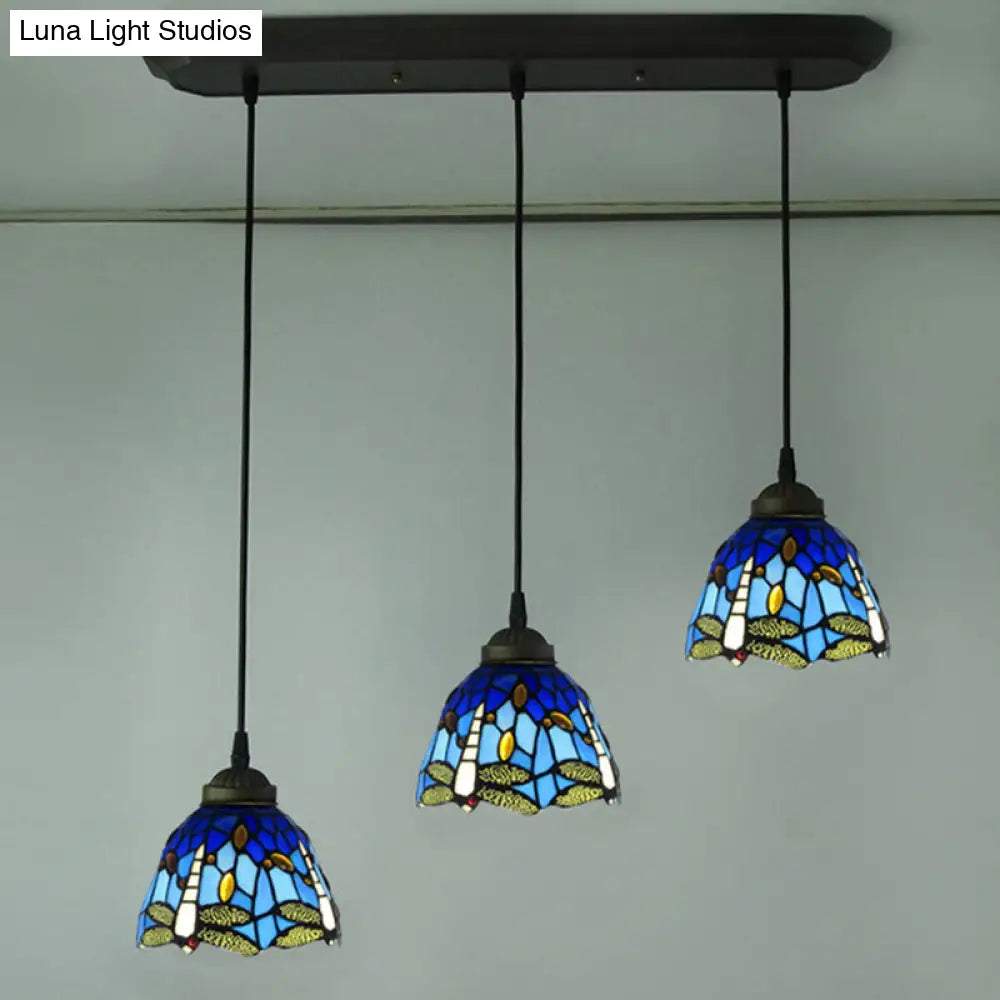 Dragonfly Pattern Cut Glass Pendant Lamp with 3 Bulbs - Mediterranean Style