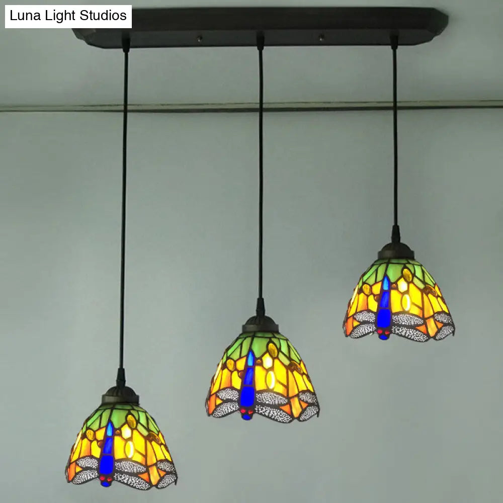 Dragonfly Pattern Cut Glass Pendant Lamp with 3 Bulbs - Mediterranean Style