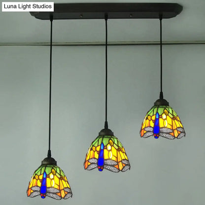 Dragonfly Pattern Cut Glass Pendant Lamp with 3 Bulbs - Mediterranean Style