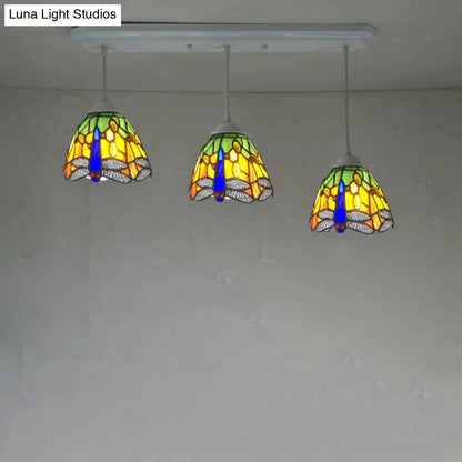 Dragonfly Pattern Cut Glass Pendant Lamp with 3 Bulbs - Mediterranean Style