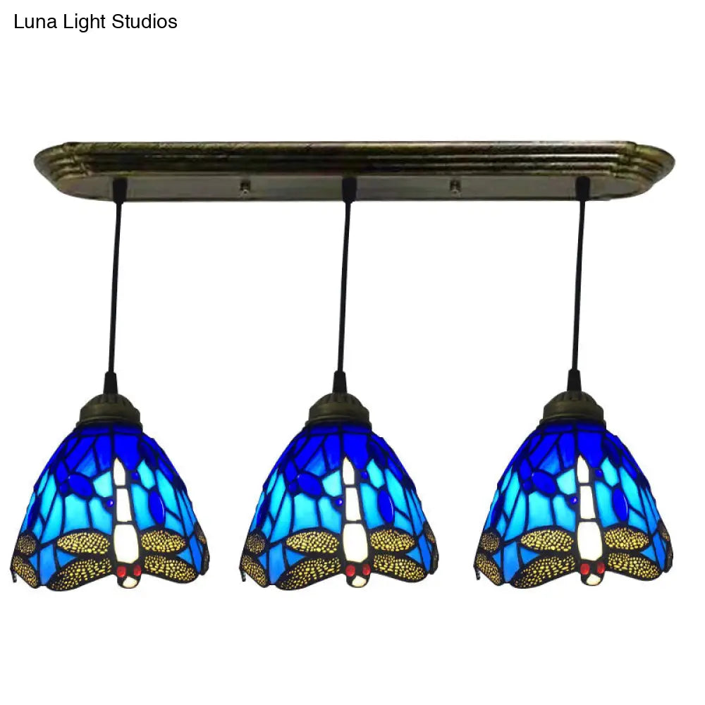 Dragonfly Pattern Cut Glass Pendant Lamp with 3 Bulbs - Mediterranean Style