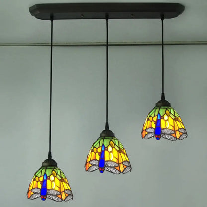 Dragonfly Pattern Cut Glass Pendant Lamp with 3 Bulbs - Mediterranean Style