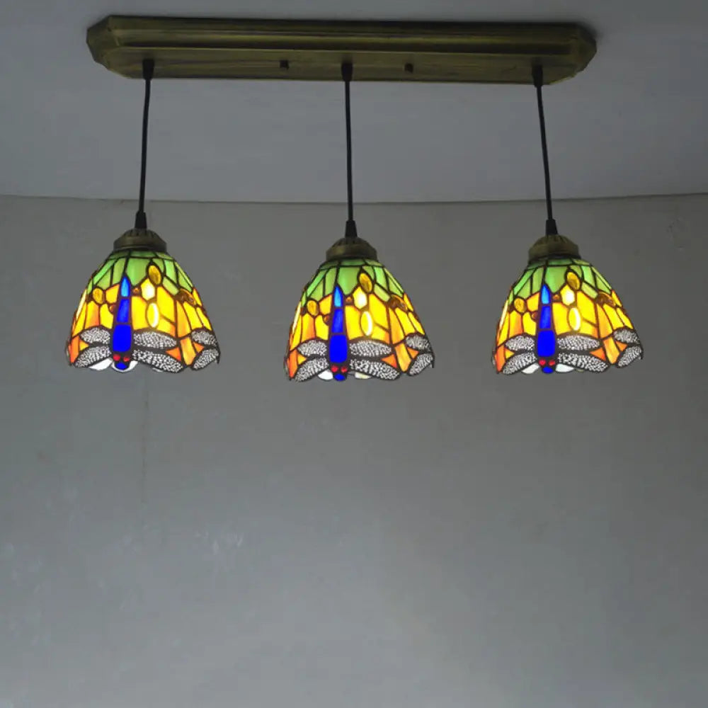 Dragonfly Pattern Cut Glass Pendant Lamp with 3 Bulbs - Mediterranean Style