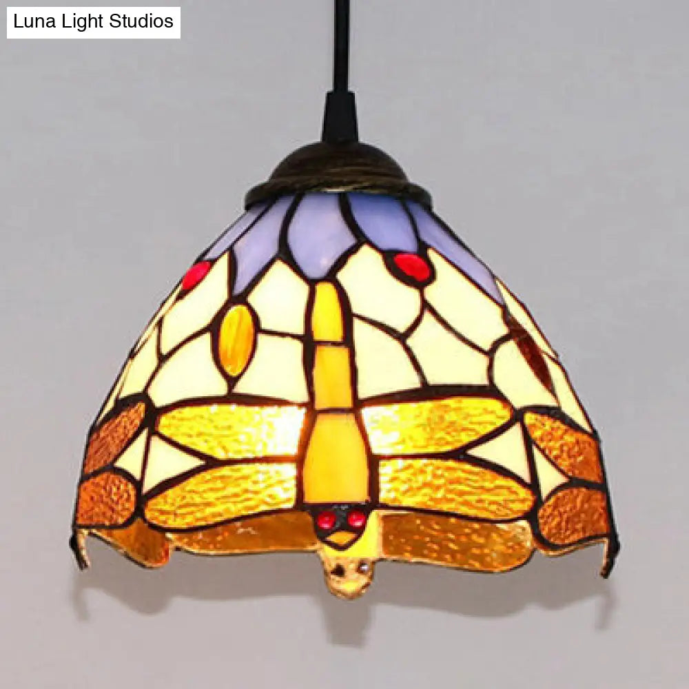 Dragonfly Patterned Stained Glass Dome Suspension Lamp - Classic Ceiling Hanging Light