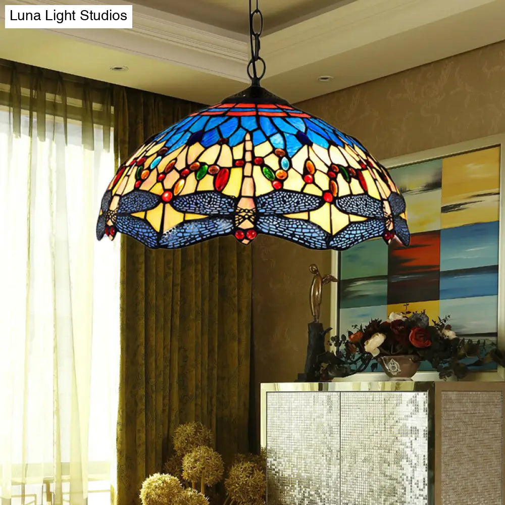 Dragonfly Pendant Light Tiffany Stained Glass Ceiling Lighting - 2 Heads Yellow-Blue Design for Living Room