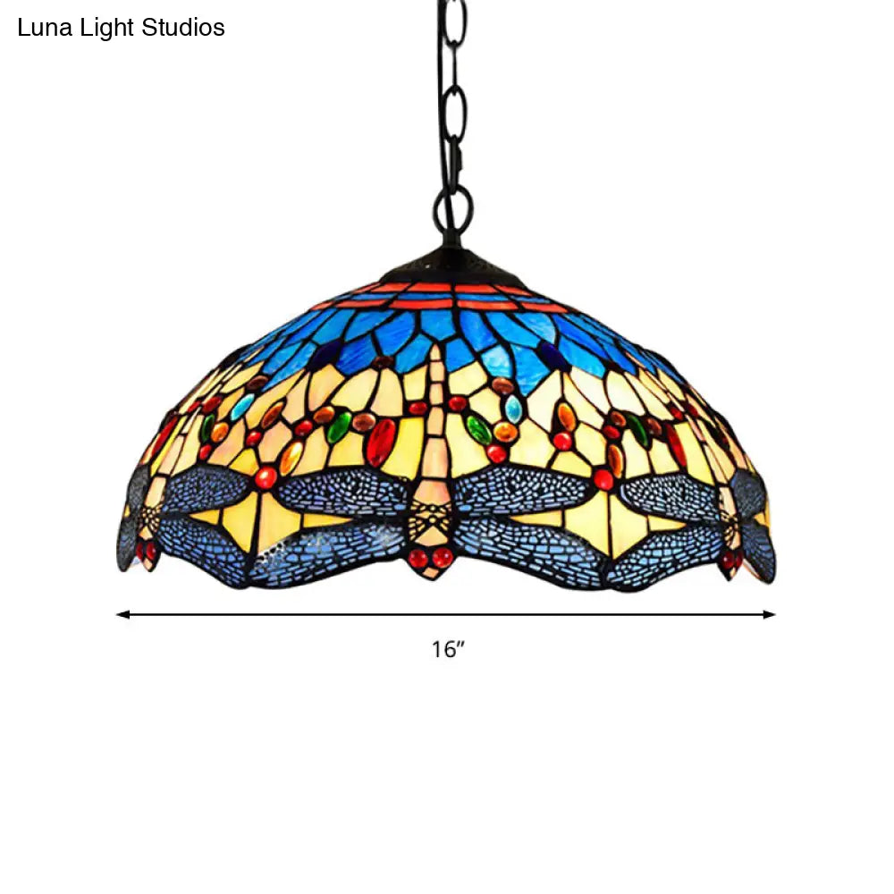 Dragonfly Pendant Light Tiffany Stained Glass Ceiling Lighting - 2 Heads Yellow-Blue Design for Living Room