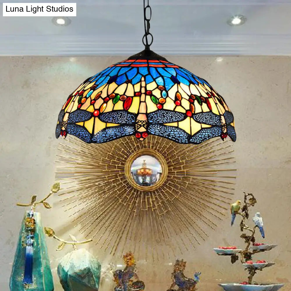 Dragonfly Pendant Light Tiffany Stained Glass Ceiling Lighting - 2 Heads Yellow-Blue Design for Living Room