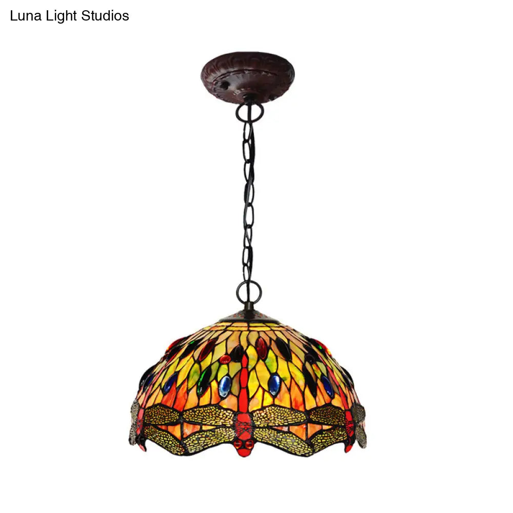 Dragonfly Stained Glass Bowl Pendant Light - Green Mediterranean Hanging Lamp Kit