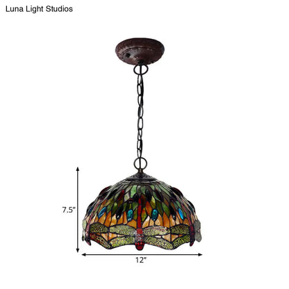 Dragonfly Stained Glass Bowl Pendant Light - Green Mediterranean Hanging Lamp Kit