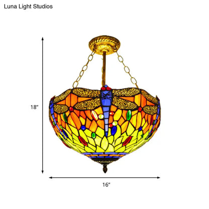 DecorBites™ DecorBites™ Dragonfly Stained Glass Ceiling Light - Rustic Tiffany Inverted Semi Flush Lamp (12"/16" Wide, Orange)