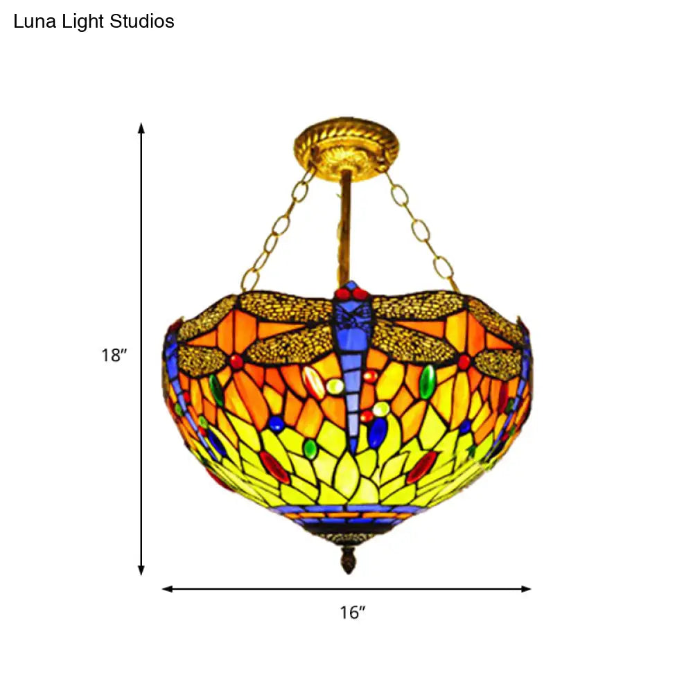 DecorBites™ DecorBites™ Dragonfly Stained Glass Ceiling Light - Rustic Tiffany Inverted Semi Flush Lamp (12"/16" Wide, Orange)