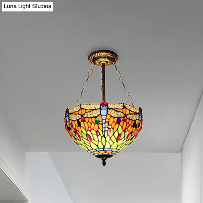 DecorBites™ DecorBites™ Dragonfly Stained Glass Ceiling Light - Rustic Tiffany Inverted Semi Flush Lamp (12"/16" Wide, Orange)