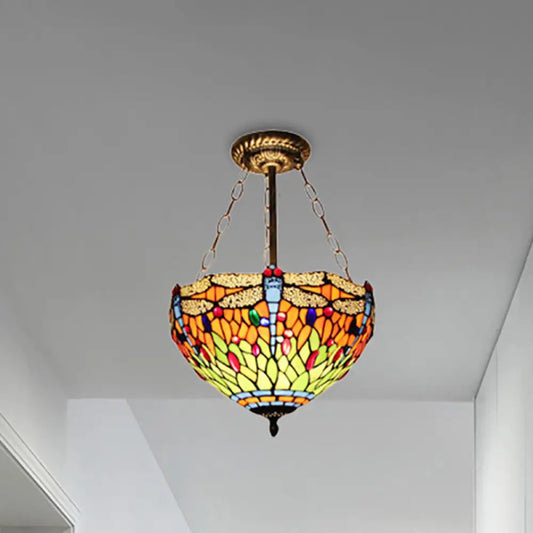 DecorBites™ DecorBites™ Dragonfly Stained Glass Ceiling Light - Rustic Tiffany Inverted Semi Flush Lamp (12"/16" Wide, Orange)