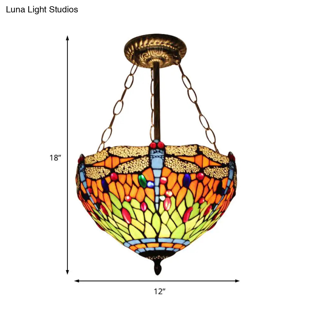 DecorBites™ DecorBites™ Dragonfly Stained Glass Ceiling Light - Rustic Tiffany Inverted Semi Flush Lamp (12"/16" Wide, Orange)