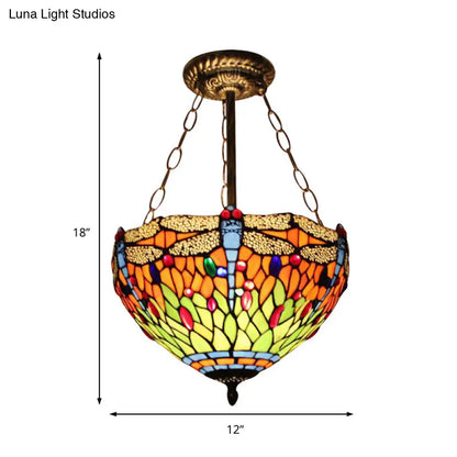 DecorBites™ DecorBites™ Dragonfly Stained Glass Ceiling Light - Rustic Tiffany Inverted Semi Flush Lamp (12"/16" Wide, Orange)