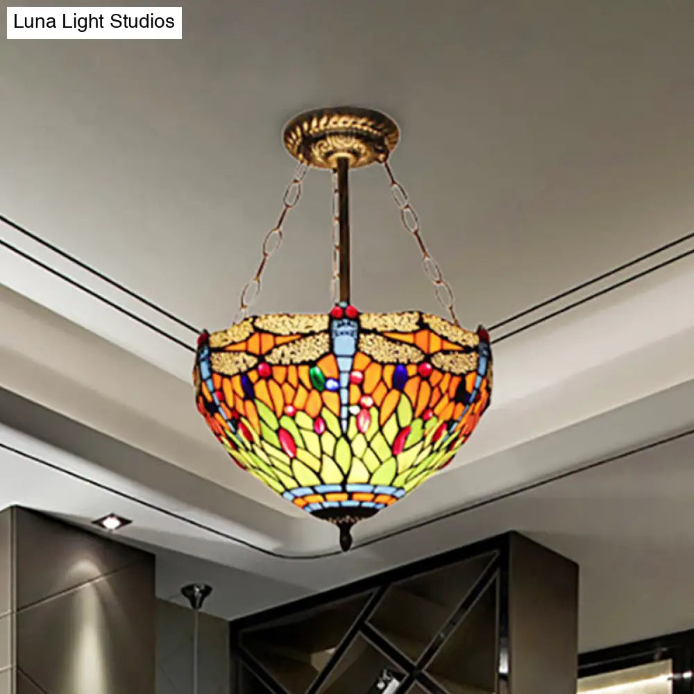 DecorBites™ DecorBites™ Dragonfly Stained Glass Ceiling Light - Rustic Tiffany Inverted Semi Flush Lamp (12"/16" Wide, Orange)