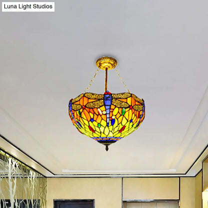 DecorBites™ DecorBites™ Dragonfly Stained Glass Ceiling Light - Rustic Tiffany Inverted Semi Flush Lamp (12"/16" Wide, Orange)