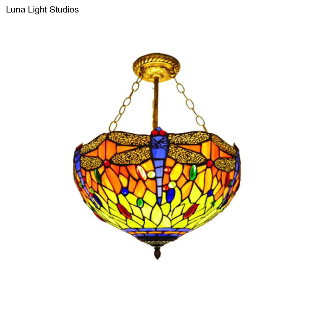DecorBites™ DecorBites™ Dragonfly Stained Glass Ceiling Light - Rustic Tiffany Inverted Semi Flush Lamp (12"/16" Wide, Orange)