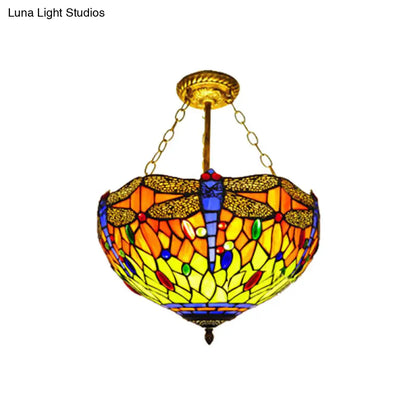 DecorBites™ DecorBites™ Dragonfly Stained Glass Ceiling Light - Rustic Tiffany Inverted Semi Flush Lamp (12"/16" Wide, Orange)