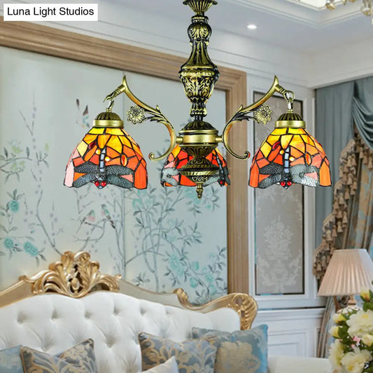 Dragonfly Stained Glass Chandelier with 3 Pendant Lights for Dining Room