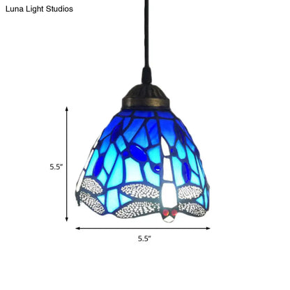 Dragonfly Stained Glass Pendant Light - Traditional Classic, 1 Head, Blue, Small, for Bar