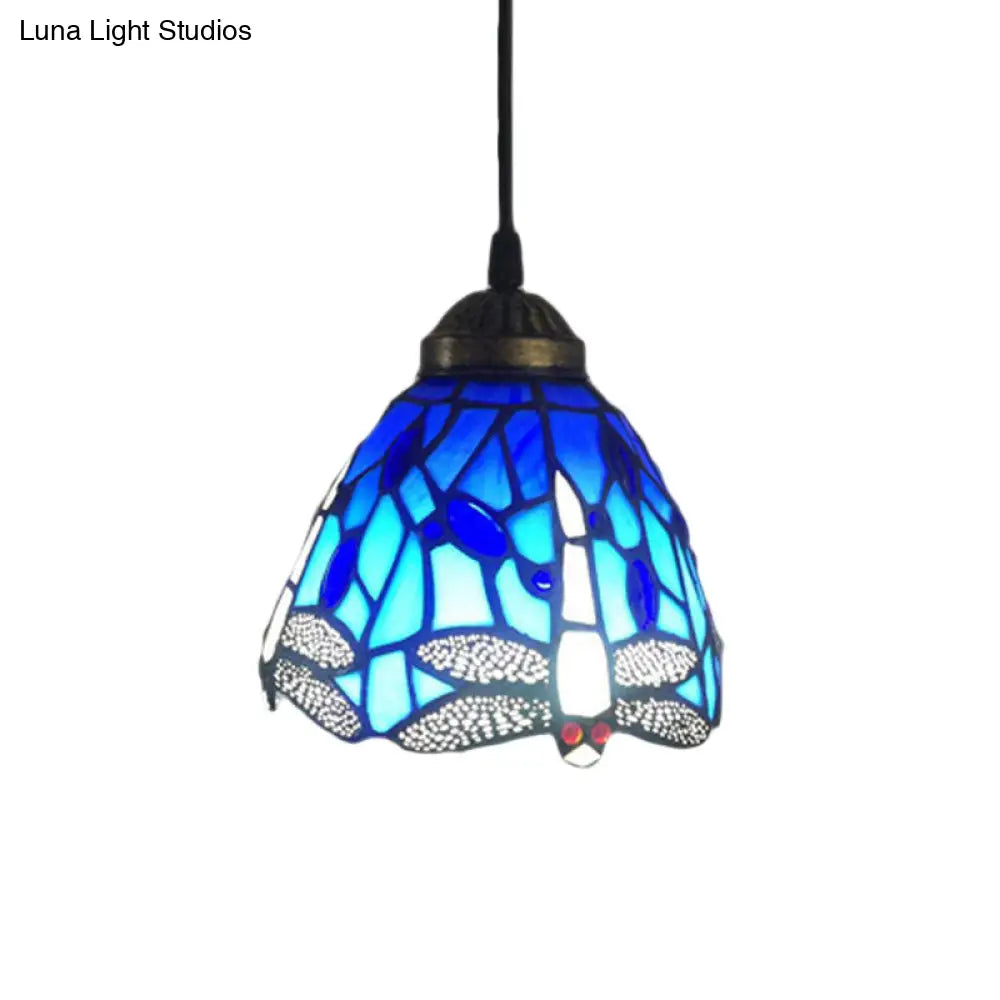 Dragonfly Stained Glass Pendant Light - Traditional Classic, 1 Head, Blue, Small, for Bar