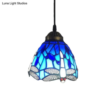 Dragonfly Stained Glass Pendant Light - Traditional Classic, 1 Head, Blue, Small, for Bar