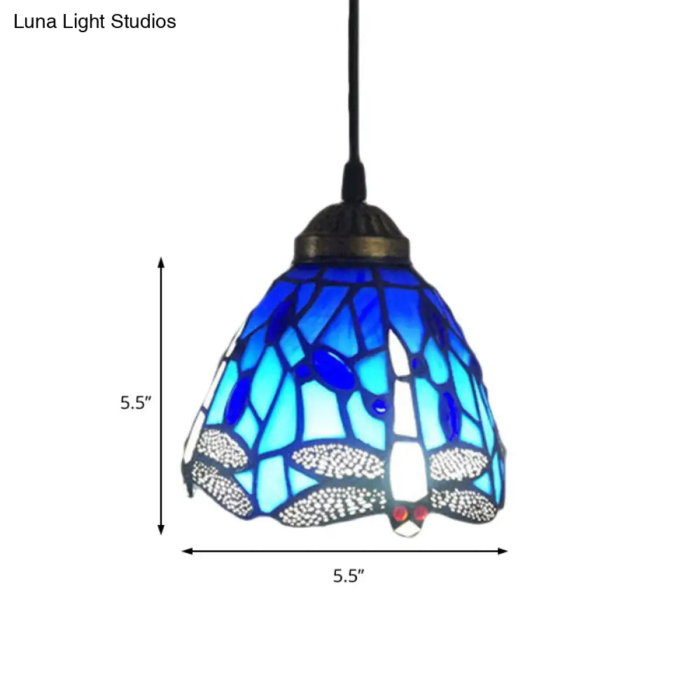 Dragonfly Stained Glass Pendant Light - Traditional Classic, 1 Head, Blue, Small, for Bar