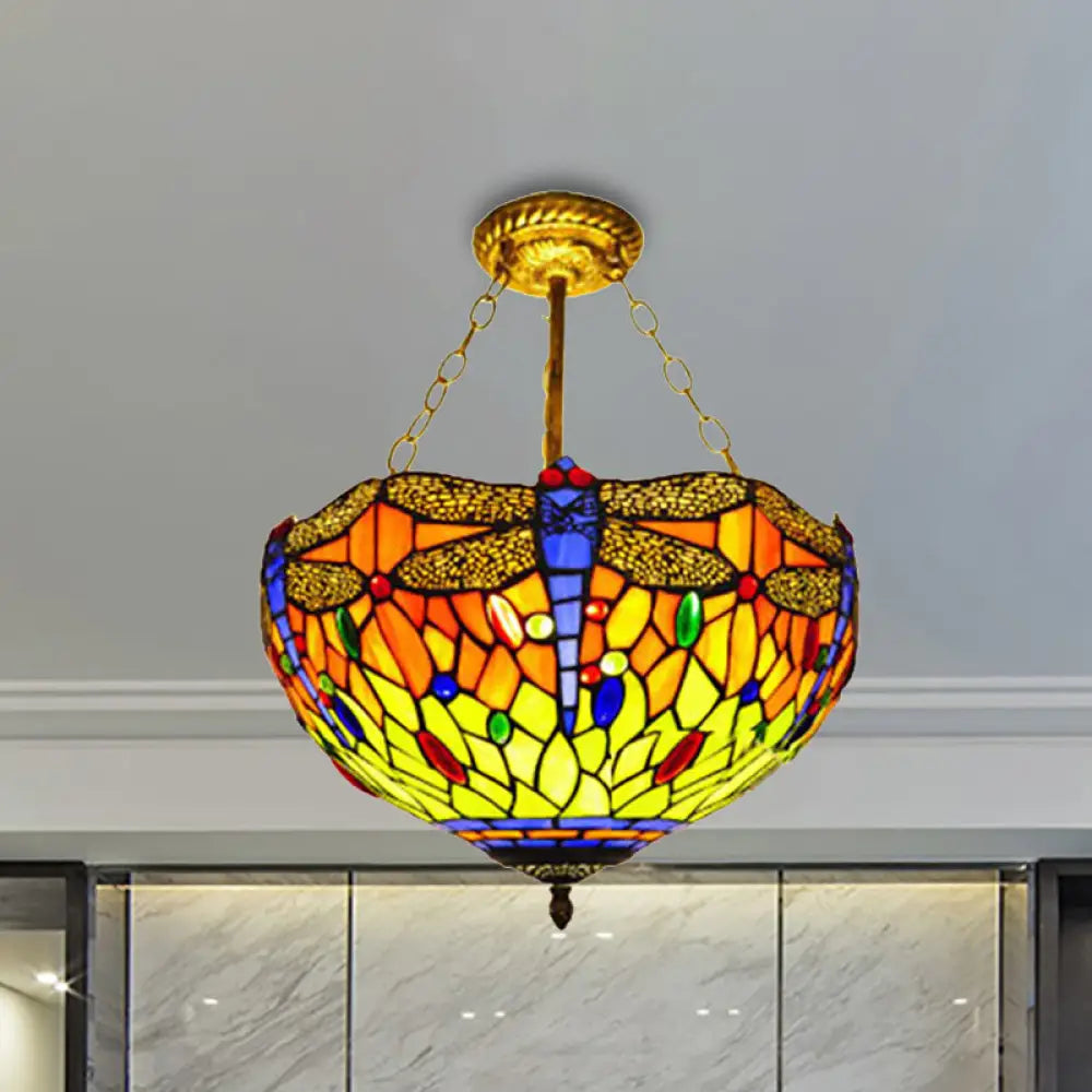 DecorBites™ DecorBites™ Dragonfly Stained Glass Tiffany Ceiling Light Rustic Orange/Yellow - Perfect for Cloth Shops